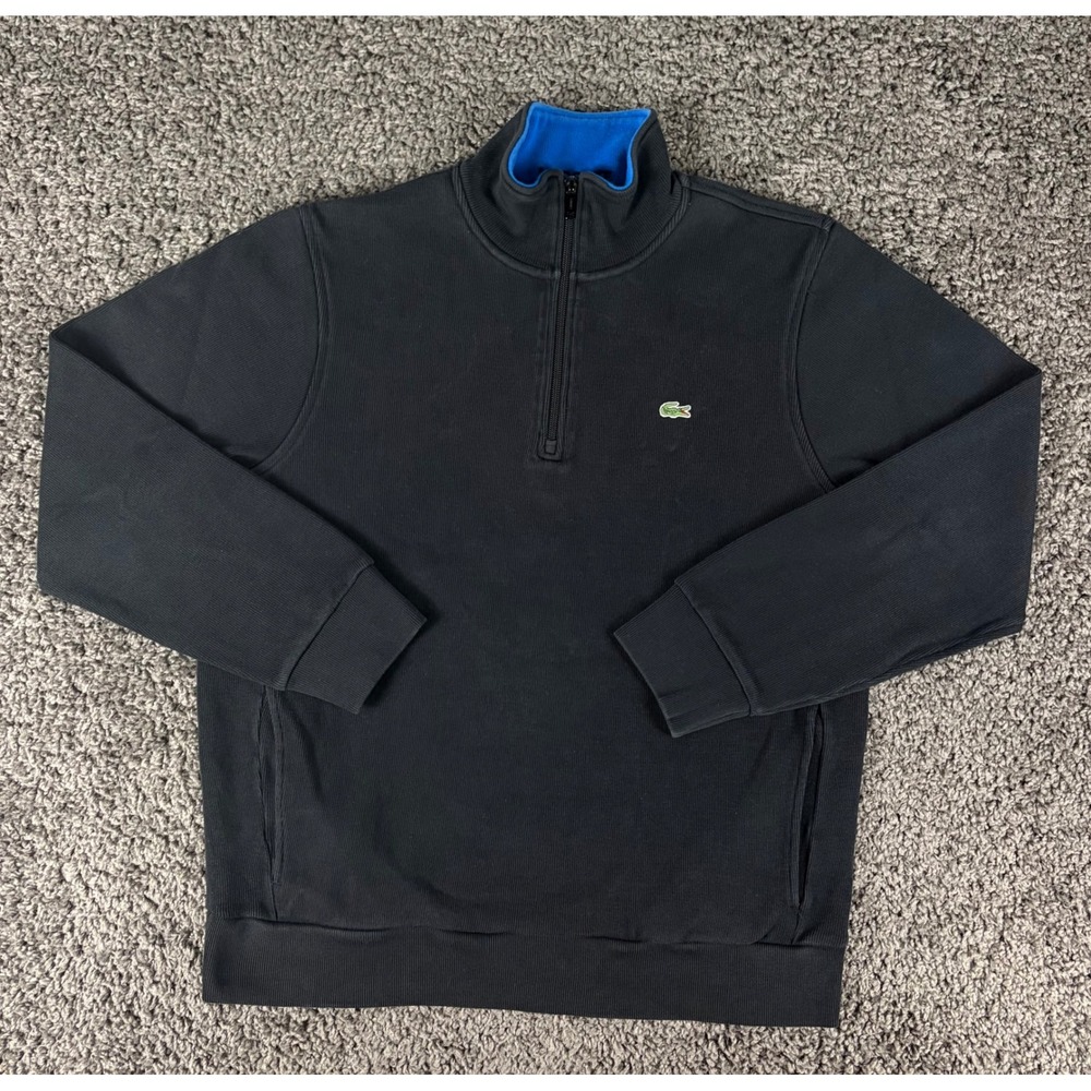 Lacoste Mens Black Ribbed 1/4 Zip Pullover Sweatshirt Blue Collar Size 6 5191L